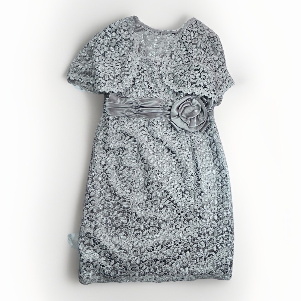R&M Richards 14 Metallic Lace Flower Dress with Satin Sash Party Cocktail MOB
